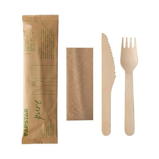 Bestecksets aus Holz "pure" natur : Messer, Gabel, Serviette in Papierbeutel 1