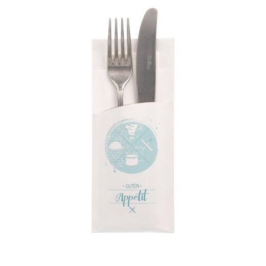 Bestecktaschen "Guten Appetit", 20 x 8,5 cm, weiss, inkl. weißer Serviette 33 x 33 cm 2-lag. - Bild 1