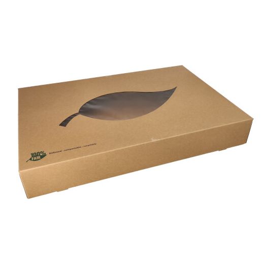 Catering-Kartons, Pappe "pure" 55,7 x 37,6 cm braun "100% Fair" mit Sichtfenster aus PLA 1