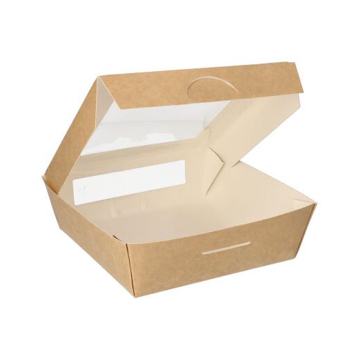 Feinkostboxen, Pappe mit Sichtfenster aus PLA eckig 1000 ml 16 x 16 cm x 5 cm braun 1