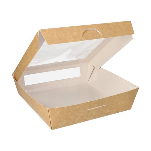 Feinkostboxen, Pappe mit Sichtfenster aus PLA eckig 1500 ml 19 x 19 cm x 5 cm braun 1