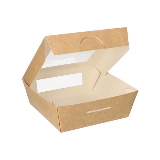 Feinkostboxen, Pappe mit Sichtfenster aus PLA eckig 750 ml 14 x 14 cm x 5 cm  1