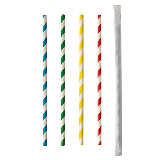 Papierstrohhalme Ø 6 mm · 20 cm, farbig sortiert "Stripes", einzeln verpackt  1