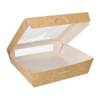 Feinkostboxen, Pappe mit Sichtfenster aus PLA eckig 1500 ml 19 x 19 cm x 5 cm braun