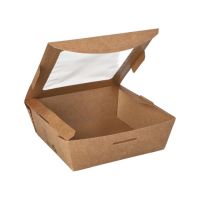 Feinkostboxen, Pappe mit Sichtfenster aus PLA eckig 650 ml, 14 x 14 x 4,5 cm braun "100% Fair"