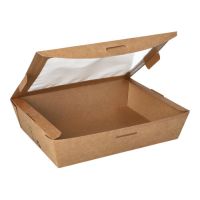 Feinkostboxen, Pappe mit Sichtfenster aus PLA "pure" eckig 1000 ml 15 x 19,5 x 4,5 cm braun "100% Fair"